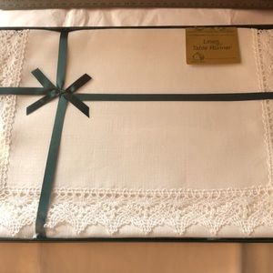 Vintage table runner linen with crocheted lace trim new in box.